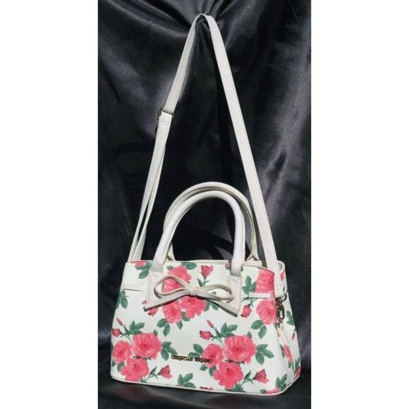 Christian Siriano White/Pink Rose Floral Pattern Faux Leather Adjustable Crossbo - Picture 1 of 12